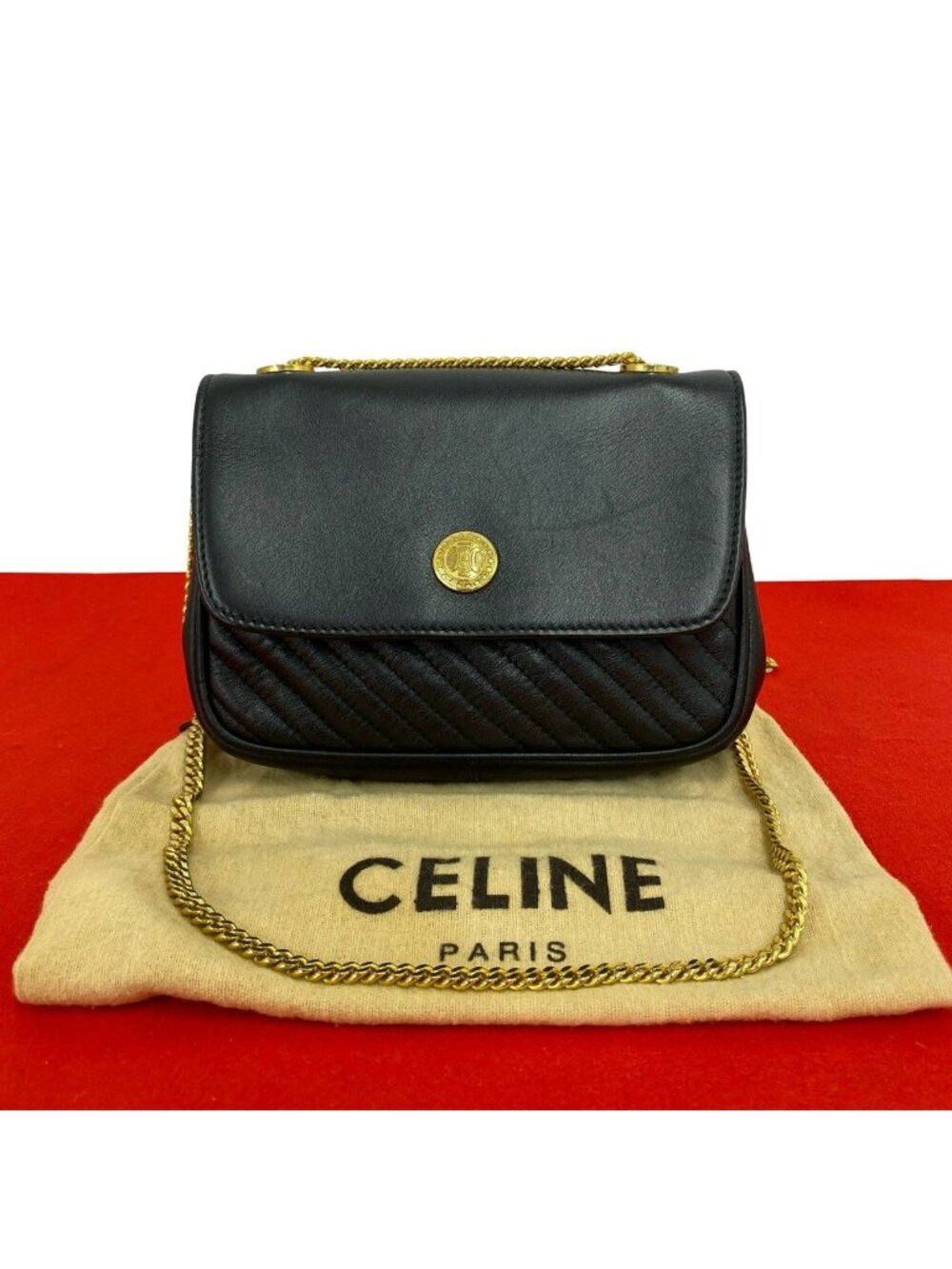 Celine Vintage Triomphe Logo Leather Chain Mini Shoulder Bag Pochette Black